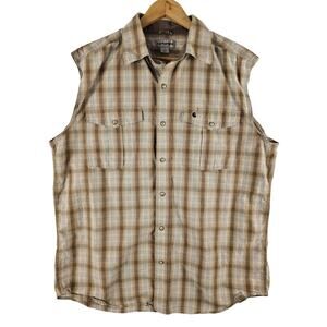 Carhartt Men’s Sz L Beige Plaid Flannel Vest Button Work Shirt 104451 121